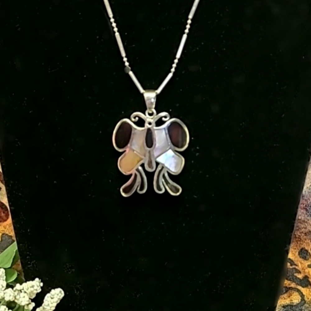 Artisan Sterling Silver Inlay Onyx Abalone Butterfly Pendant Chain Link …